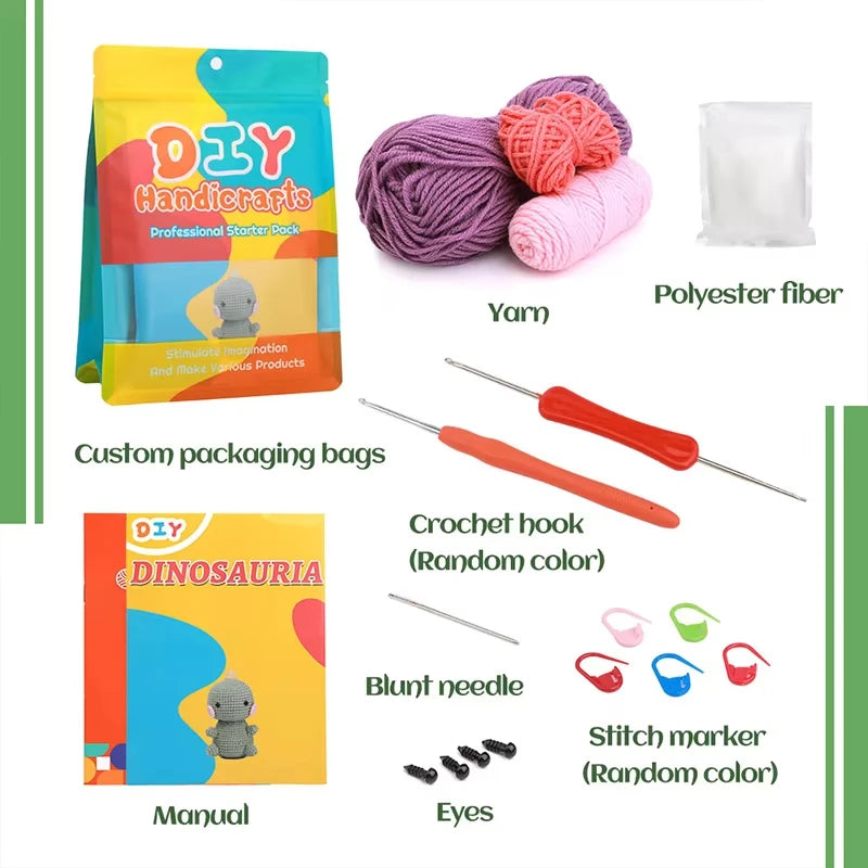 Green Dinosaur Crochet Kit - DIY Wool Craft Set