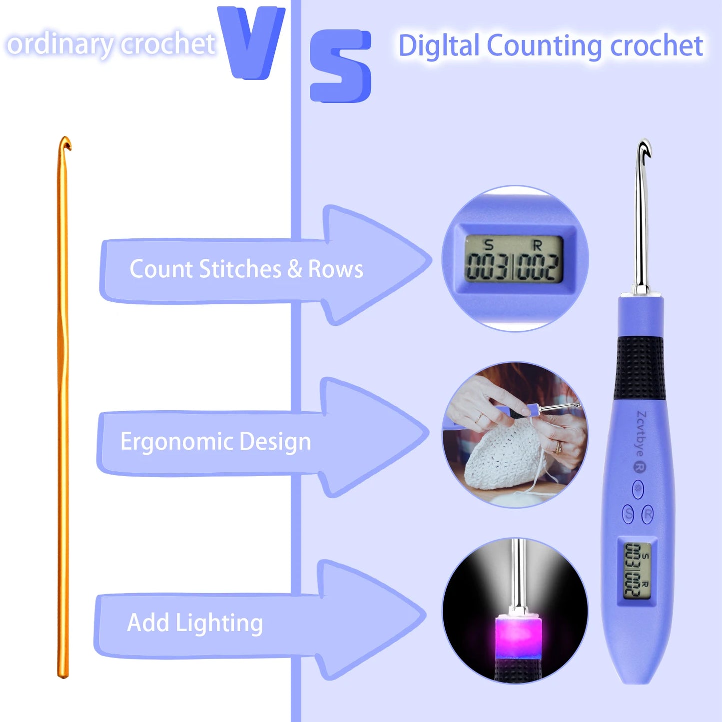 Lighted Crochet Hook Set - 12 Ergonomic Knitting Needles with Counter