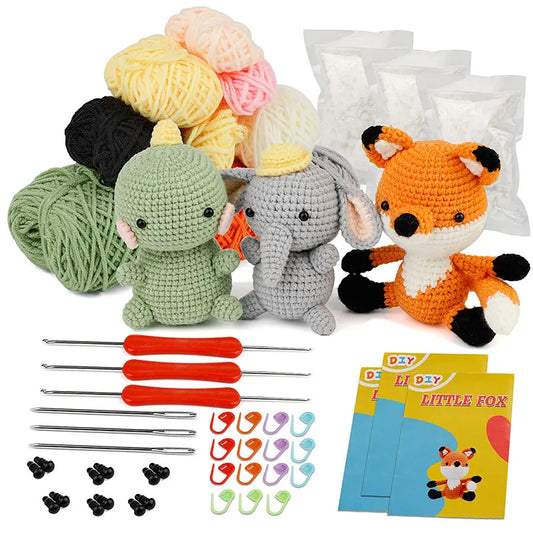 Animal Crochet Kit Bundle - Fox, Elephant & Dinosaur Plush Dolls