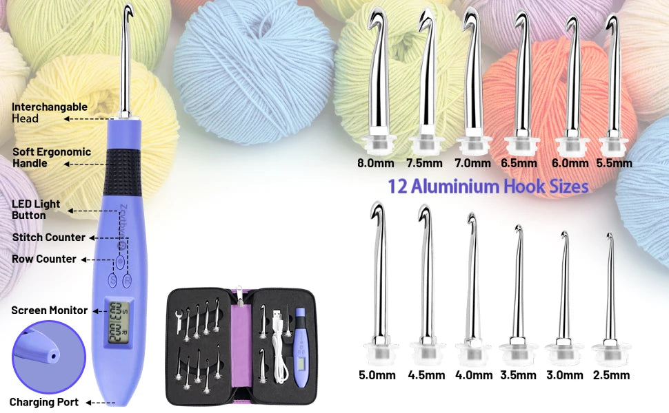 Lighted Crochet Hook Set - 12 Ergonomic Knitting Needles with Counter